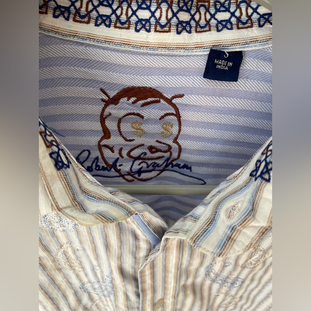 Robert Graham button down shirt stripes paisley design small blue white brown